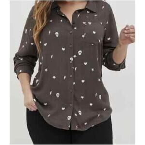 Torrid Lizzie Rayon Crepe Button Up Long‎ Sleeve Skull Heart Grey 3X NWT